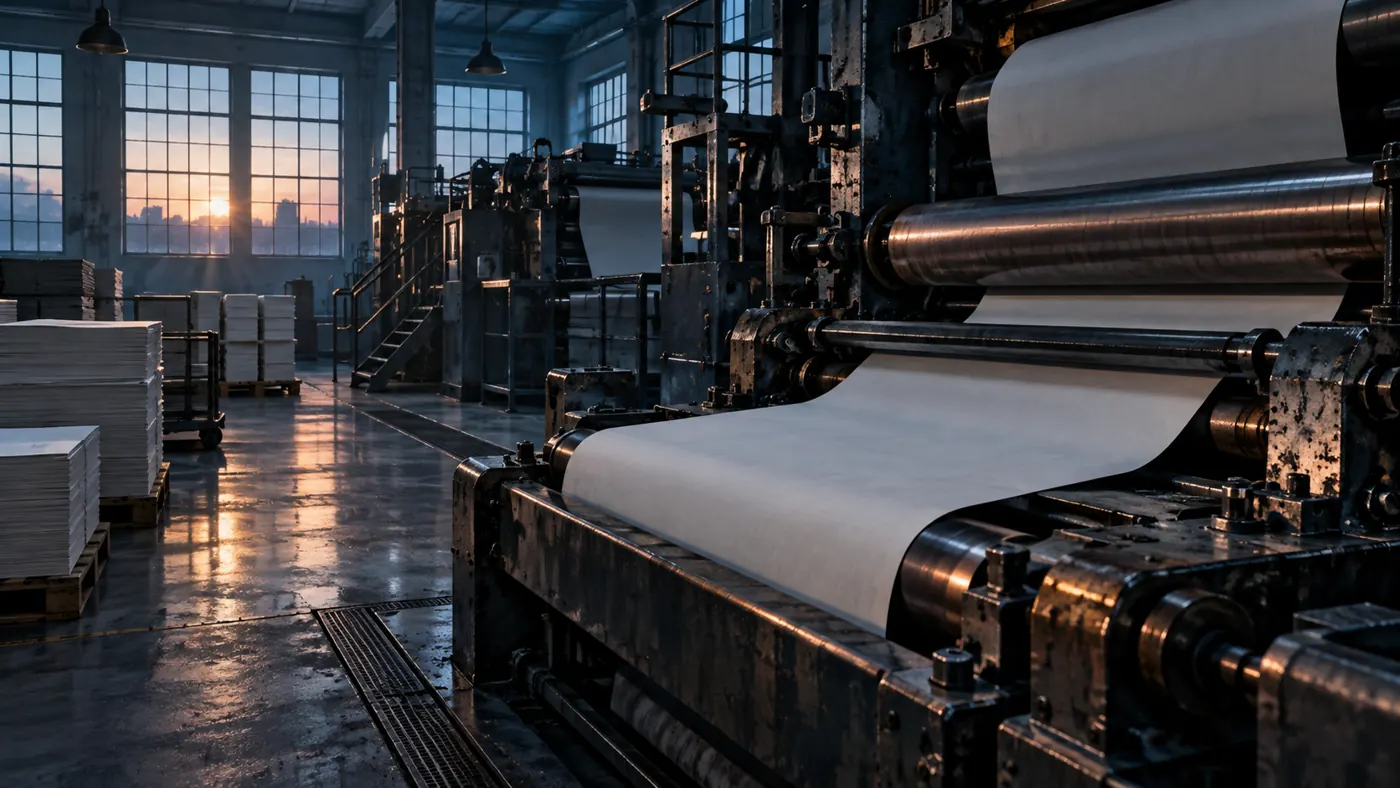 AI-generated symbolic illustration of an empty printing press with blank paper